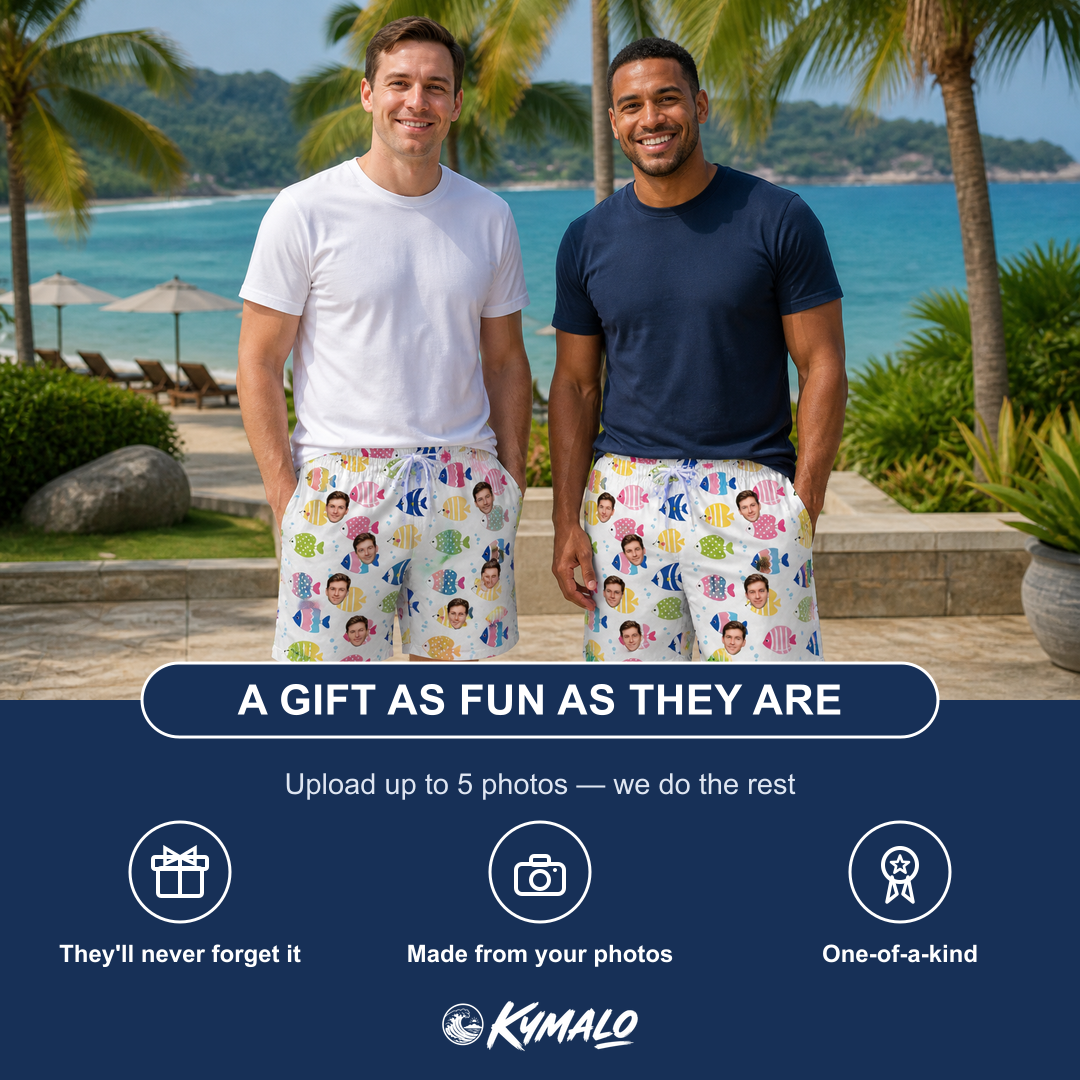 Friends in matching Men's Guppy Gyrations Custom Face Beach Shorts — a group gift photo