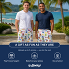 Friends in matching Men's Guppy Gyrations Custom Face Beach Shorts — a group gift photo