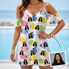 Woman wearing Women's Guppy Gyrations Custom Face Off-Shoulder Dress — custom faces printed all-over