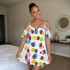 Real-life photo of someone wearing Women's Guppy Gyrations Custom Face Off-Shoulder Dress — custom faces printed all-over