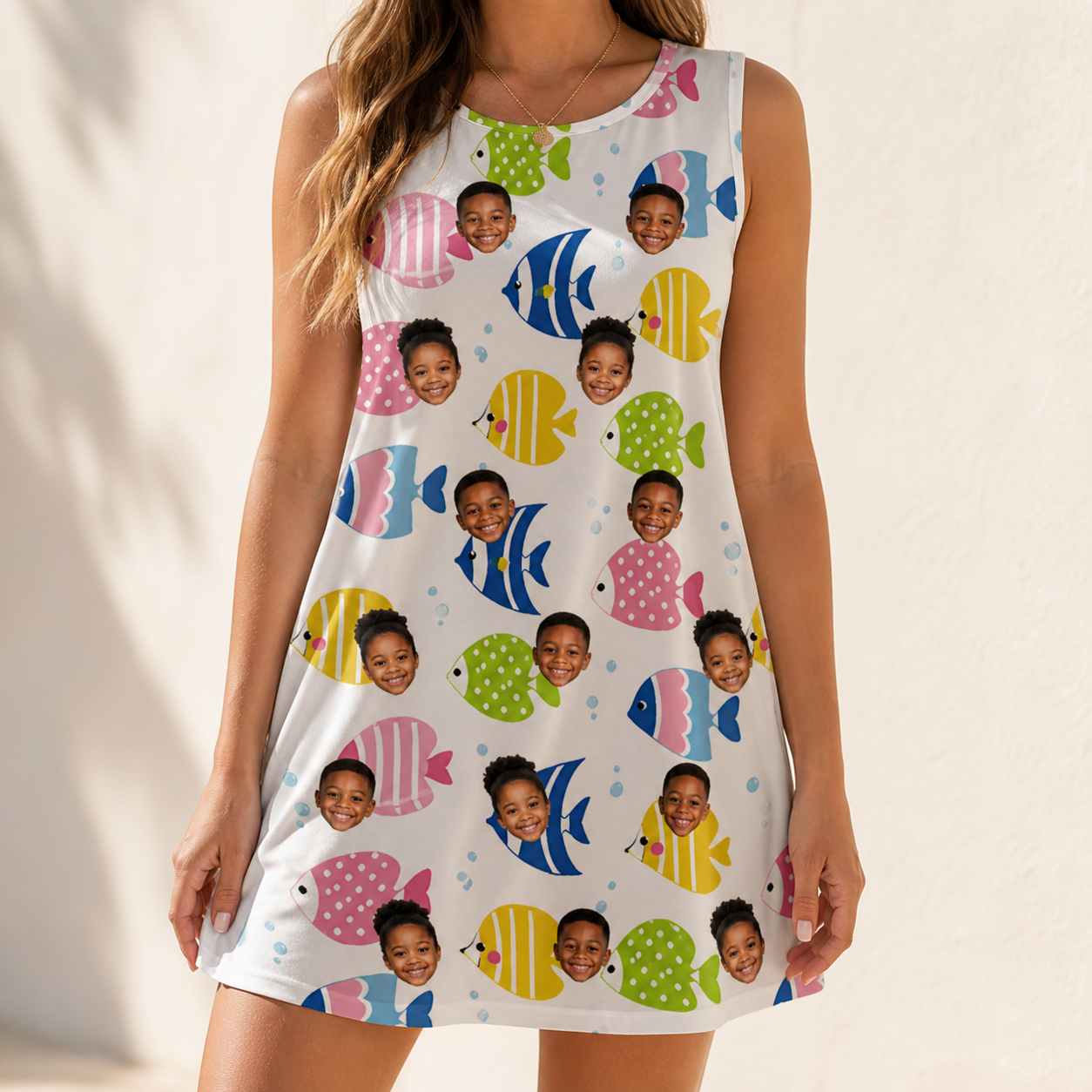 Model wearing Women's Guppy Gyrations Custom Face Tank Dress printed with kids' faces