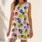 Model wearing Women's Guppy Gyrations Custom Face Tank Dress printed with kids' faces