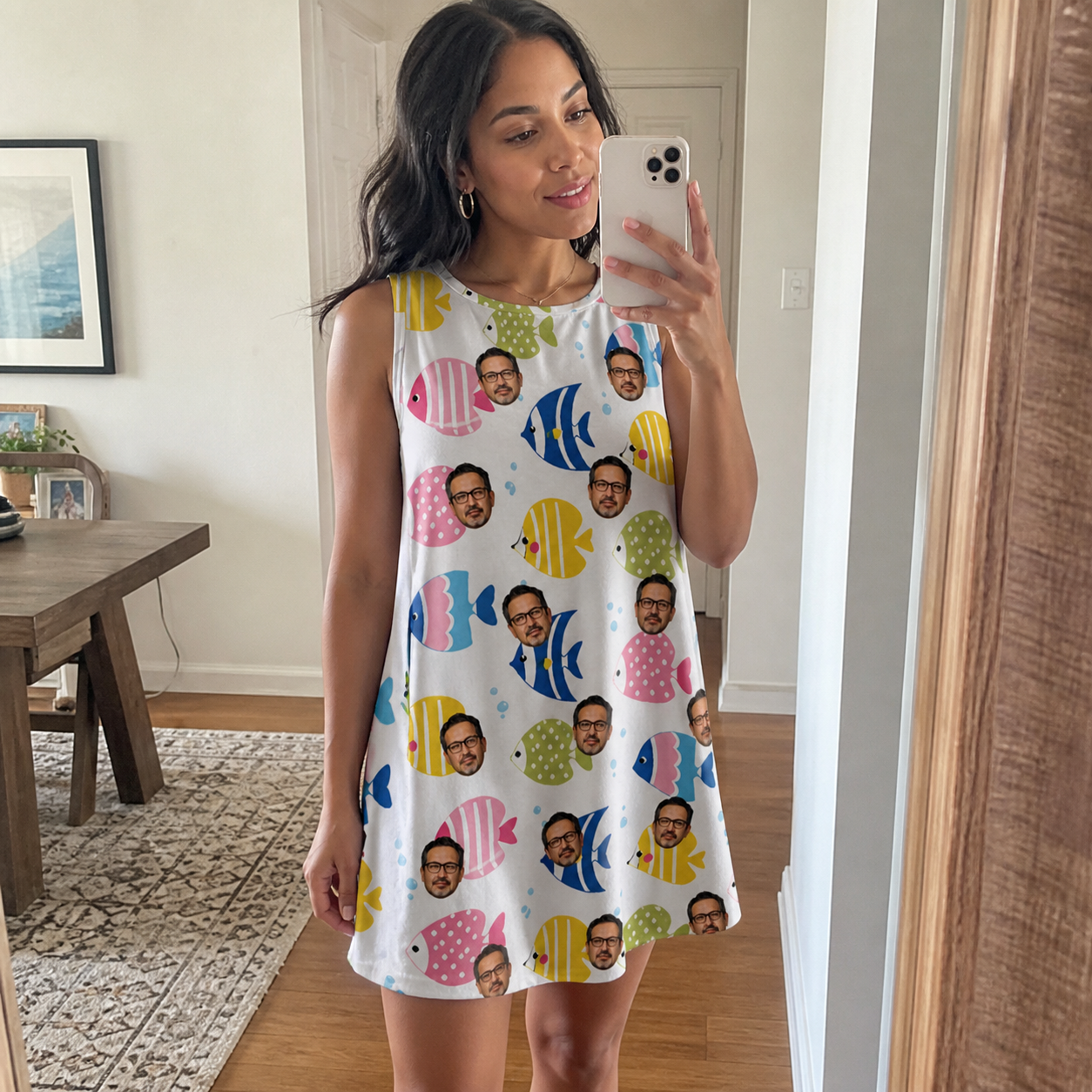 Real-life photo of someone wearing Women's Guppy Gyrations Custom Face Tank Dress — custom faces printed all-over