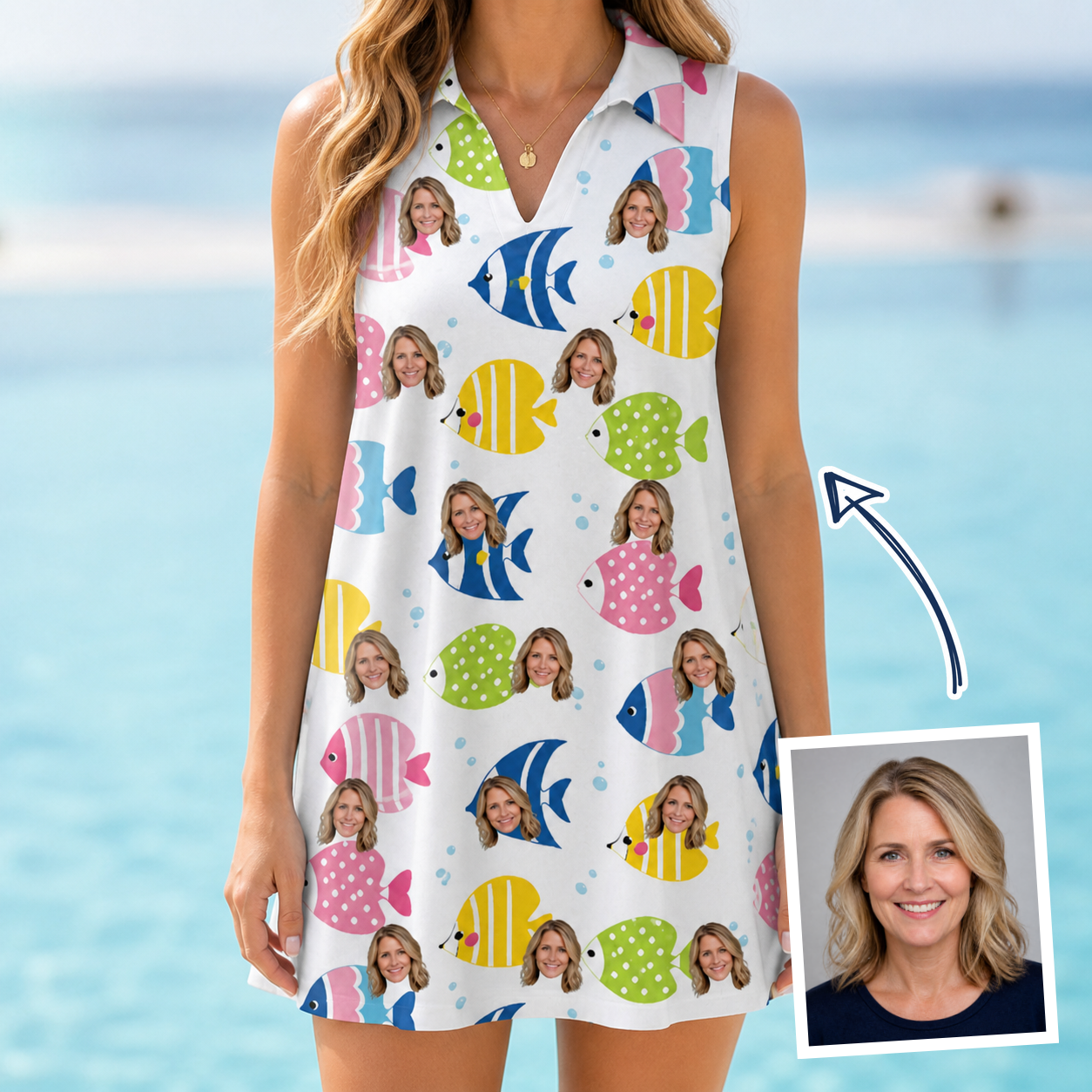 Woman wearing Women's Guppy Gyrations Custom Face V-Neck Dress — custom faces printed all-over