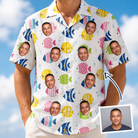 Man wearing Men's Guppy Gyrations Custom Face Hawaiian Shirt — custom faces printed all-over