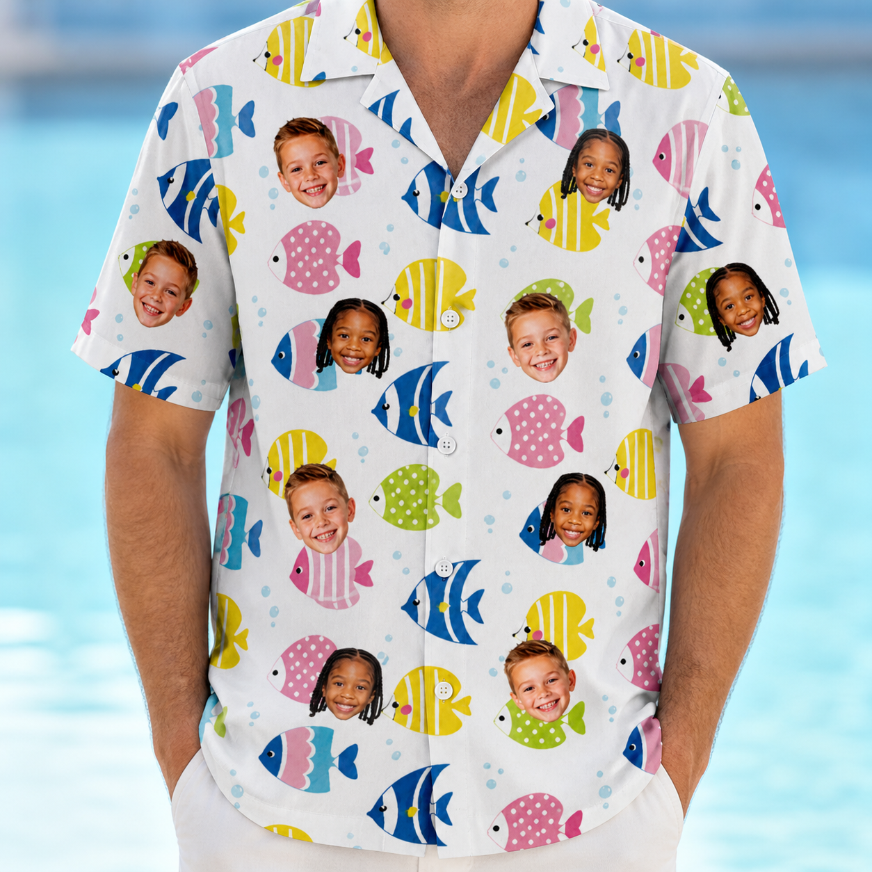 Model wearing Men's Guppy Gyrations Custom Face Hawaiian Shirt printed with kids' faces