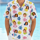 Model wearing Men's Guppy Gyrations Custom Face Hawaiian Shirt printed with kids' faces