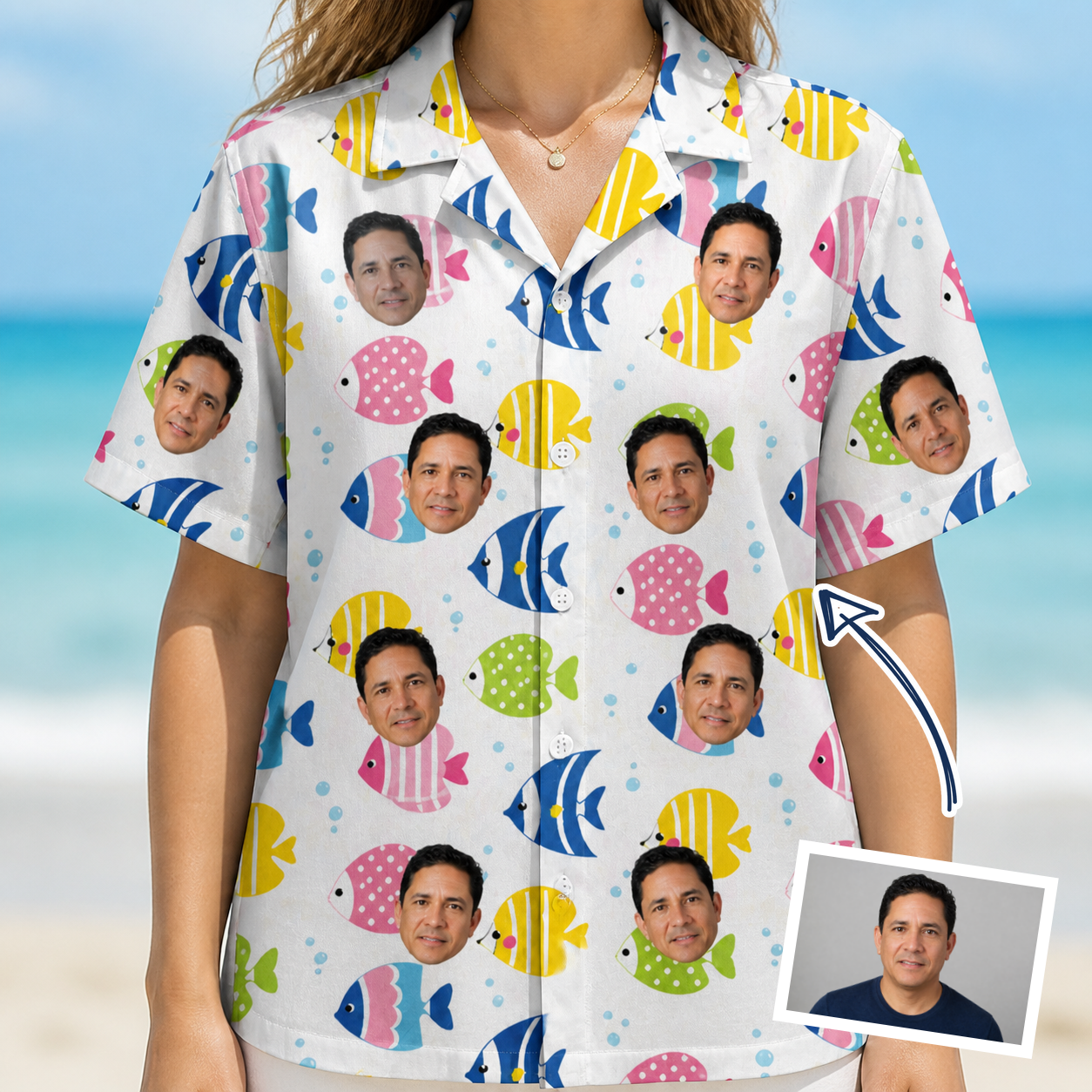 Woman wearing Women's Guppy Gyrations Custom Face Hawaiian Shirt — custom faces printed all-over