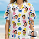 Woman wearing Women's Guppy Gyrations Custom Face Hawaiian Shirt — custom faces printed all-over