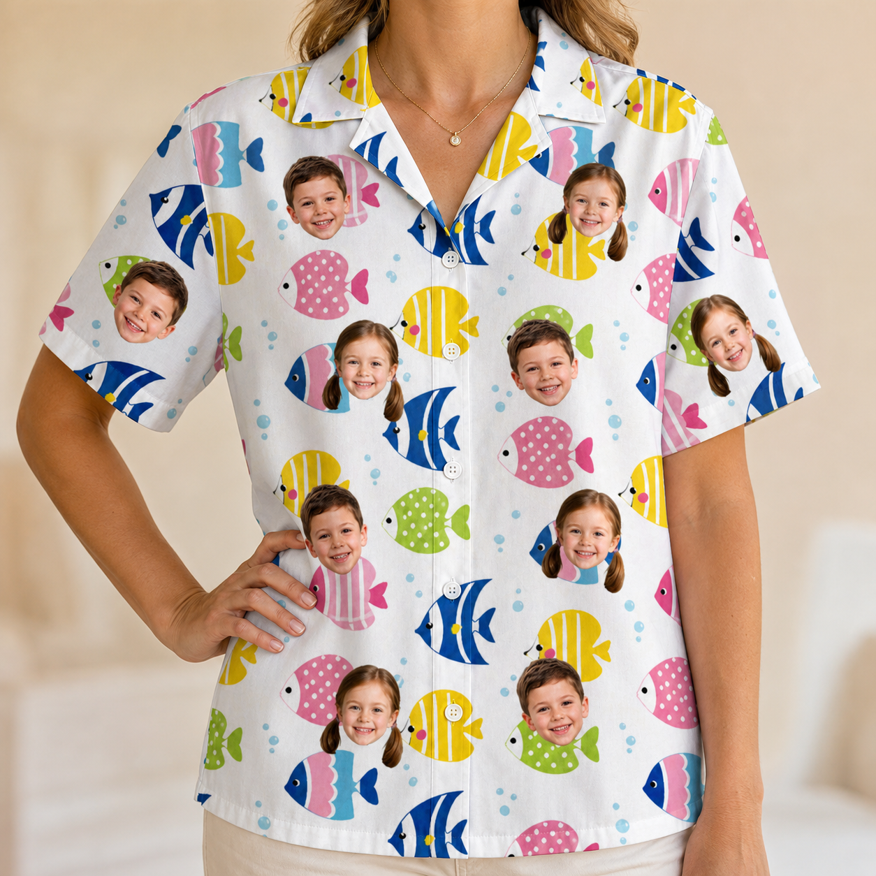 Model wearing Women's Guppy Gyrations Custom Face Hawaiian Shirt printed with kids' faces
