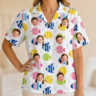 Model wearing Women's Guppy Gyrations Custom Face Hawaiian Shirt printed with kids' faces