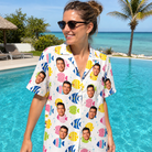 Real-life photo of someone wearing Women's Guppy Gyrations Custom Face Hawaiian Shirt — custom faces printed all-over