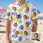 Man wearing Men's Guppy Gyrations Custom Face Polo Shirt — custom faces printed all-over