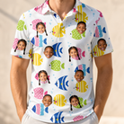 Model wearing Men's Guppy Gyrations Custom Face Polo Shirt printed with kids' faces