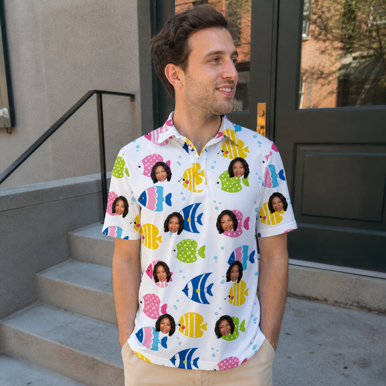 Real-life photo of someone wearing Men's Guppy Gyrations Custom Face Polo Shirt — custom faces printed all-over