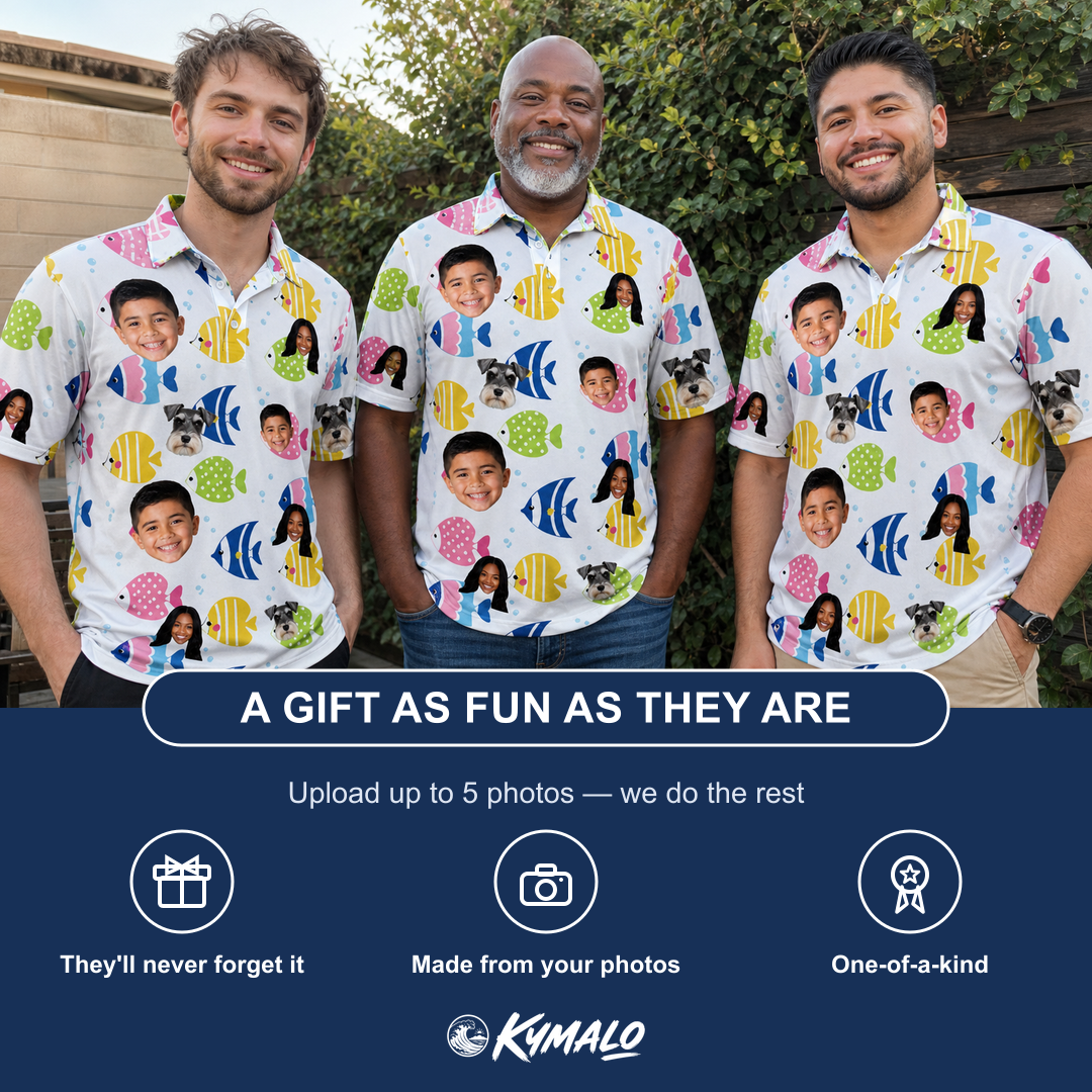 Friends in matching Men's Guppy Gyrations Custom Face Polo Shirt — a group gift photo