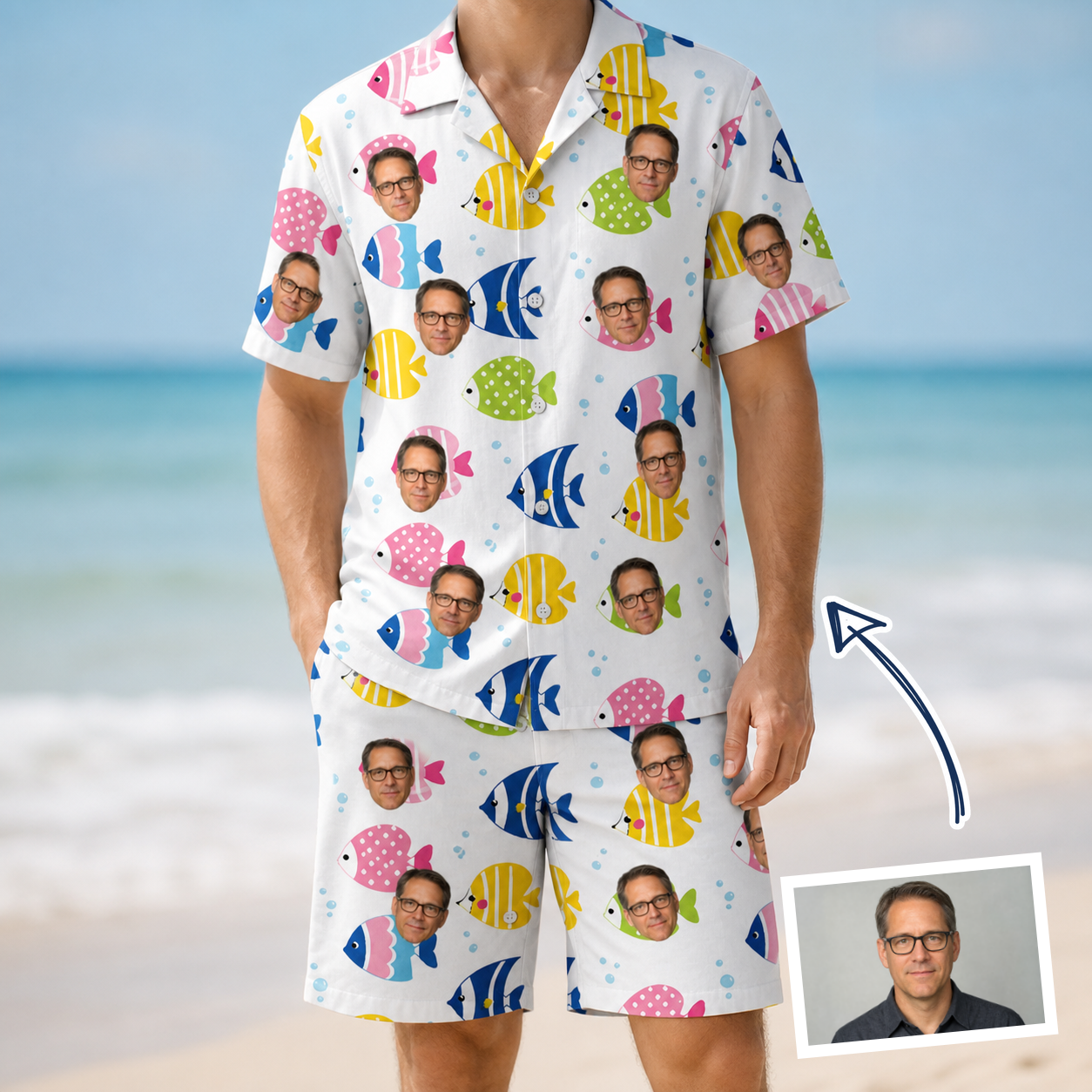 Man wearing Men's Guppy Gyrations Custom Face Shirt & Shorts Set — custom faces printed all-over