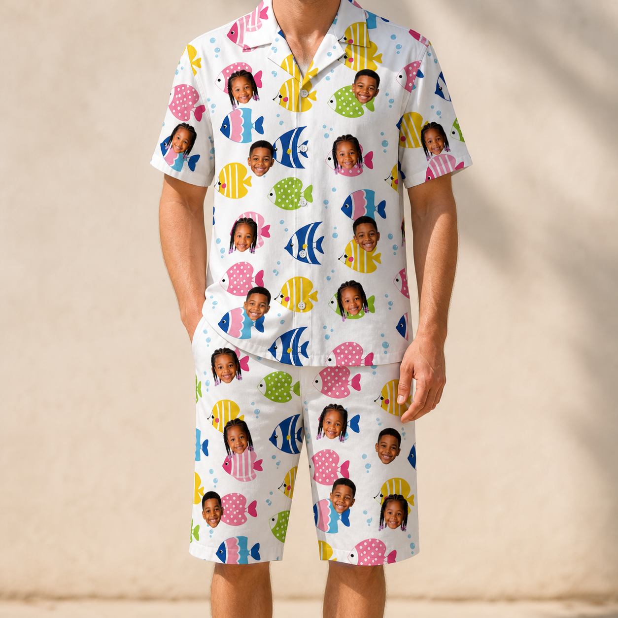 Model wearing Men's Guppy Gyrations Custom Face Shirt & Shorts Set printed with kids' faces