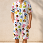 Model wearing Men's Guppy Gyrations Custom Face Shirt & Shorts Set printed with kids' faces