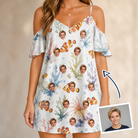 Woman wearing Women's Clownfish Comedy Custom Face Off-Shoulder Dress — custom faces printed all-over