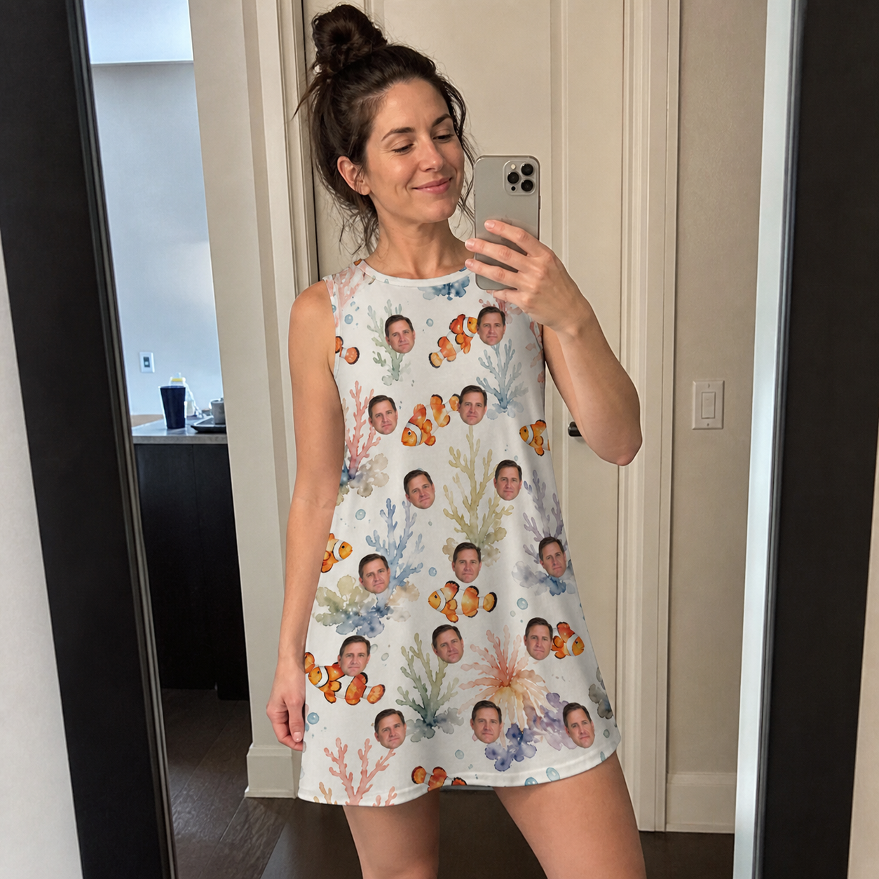 Real-life photo of someone wearing Women's Clownfish Comedy Custom Face Tank Dress — custom faces printed all-over