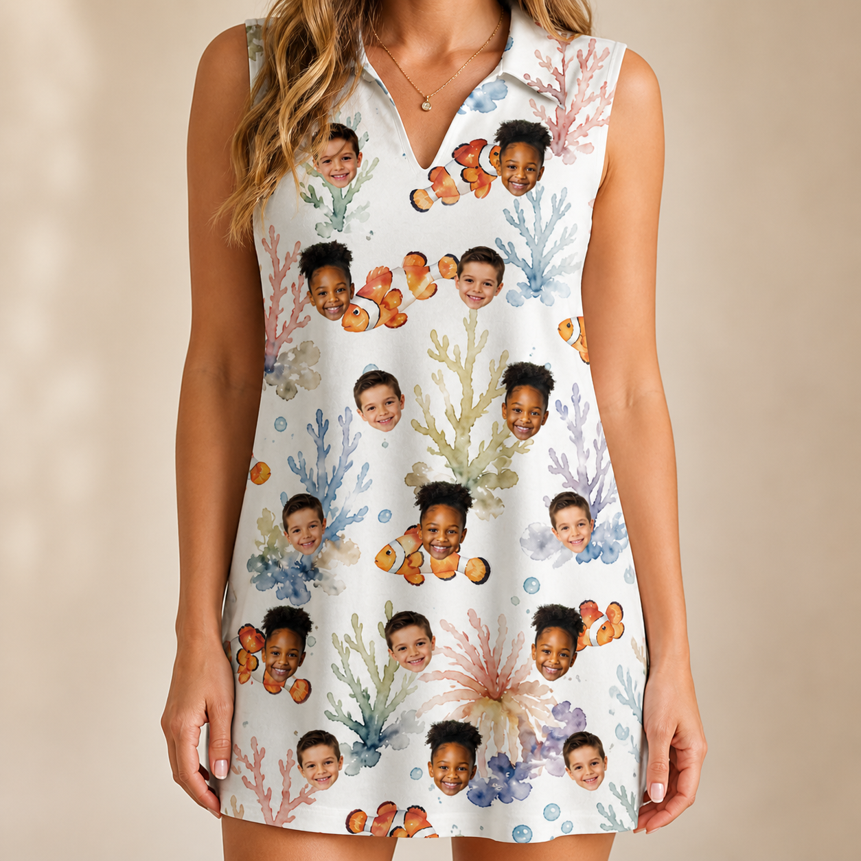 Model wearing Women's Clownfish Comedy Custom Face V-Neck Dress printed with kids' faces
