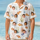 Model wearing Men's Clownfish Comedy Custom Face Hawaiian Shirt printed with kids' faces