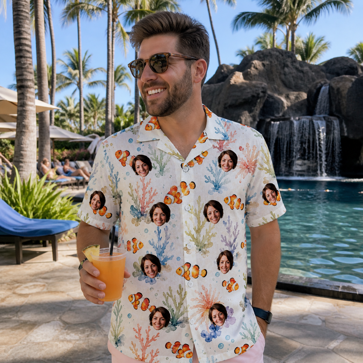Real-life photo of someone wearing Men's Clownfish Comedy Custom Face Hawaiian Shirt — custom faces printed all-over