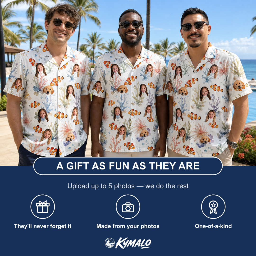 Friends in matching Men's Clownfish Comedy Custom Face Hawaiian Shirt — a group gift photo