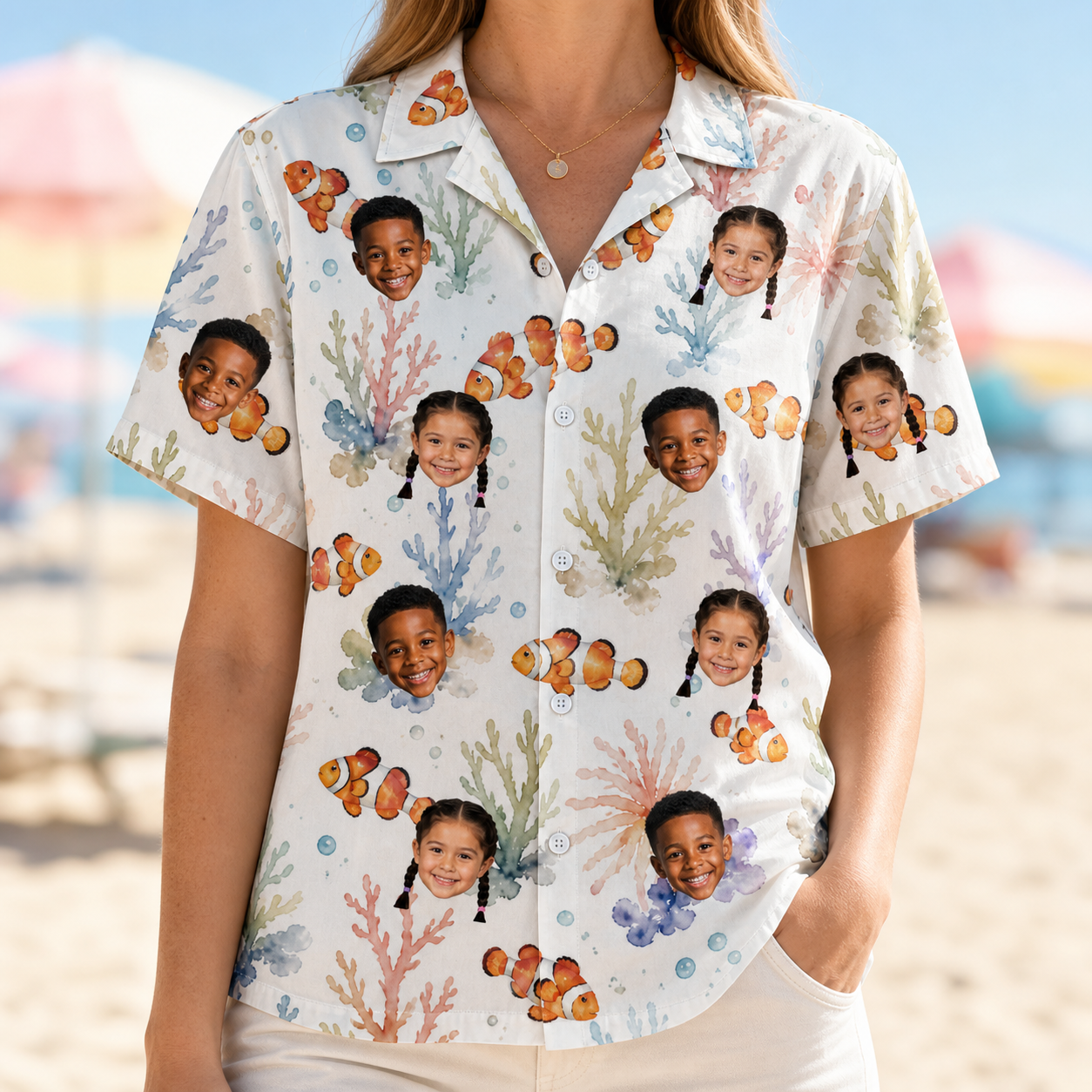 Model wearing Women's Clownfish Comedy Custom Face Hawaiian Shirt printed with kids' faces