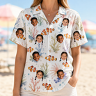 Model wearing Women's Clownfish Comedy Custom Face Hawaiian Shirt printed with kids' faces