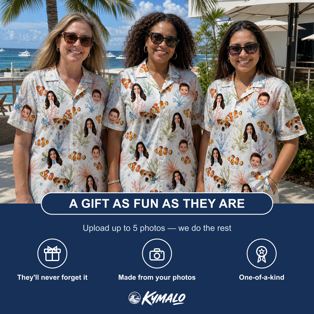 Friends in matching Women's Clownfish Comedy Custom Face Hawaiian Shirt — a group gift photo