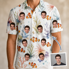 Man wearing Men's Clownfish Comedy Custom Face Polo Shirt — custom faces printed all-over