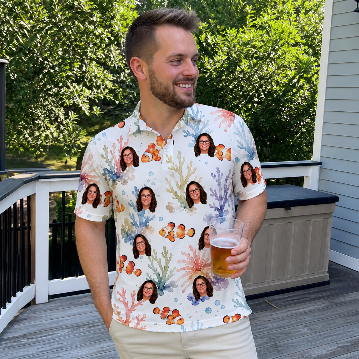 Real-life photo of someone wearing Men's Clownfish Comedy Custom Face Polo Shirt — custom faces printed all-over