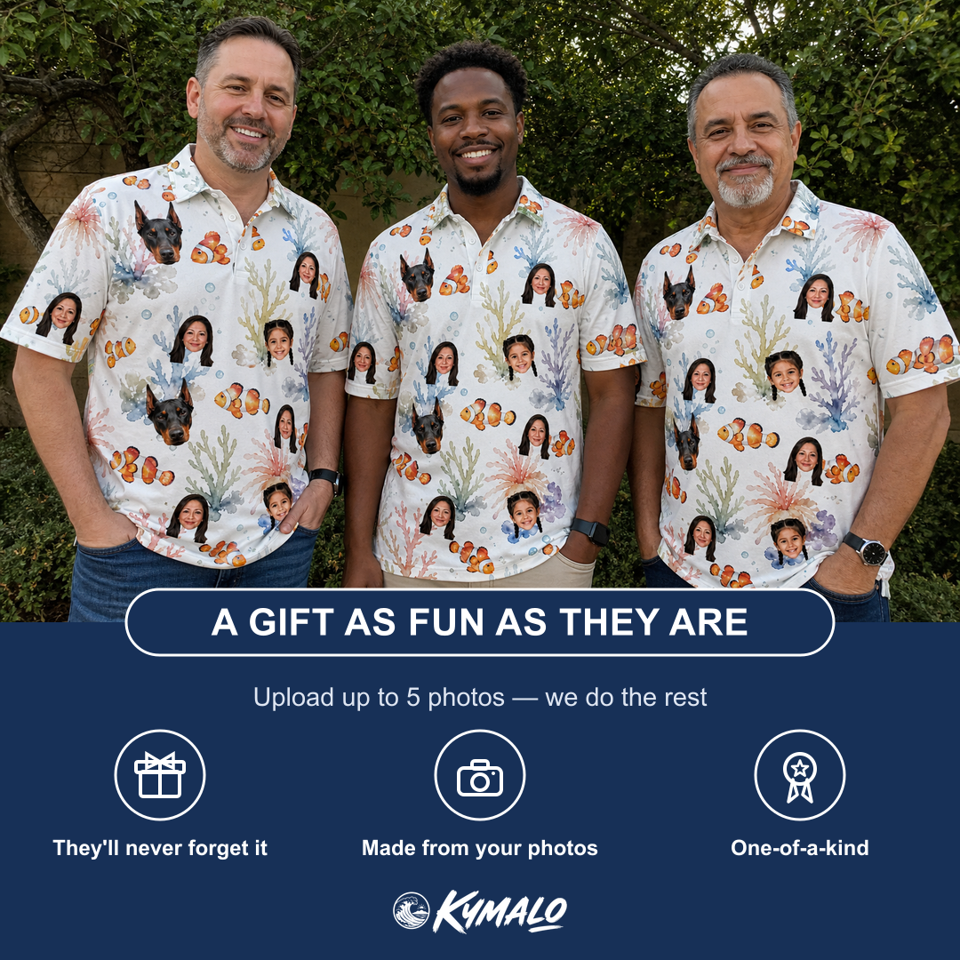 Friends in matching Men's Clownfish Comedy Custom Face Polo Shirt — a group gift photo