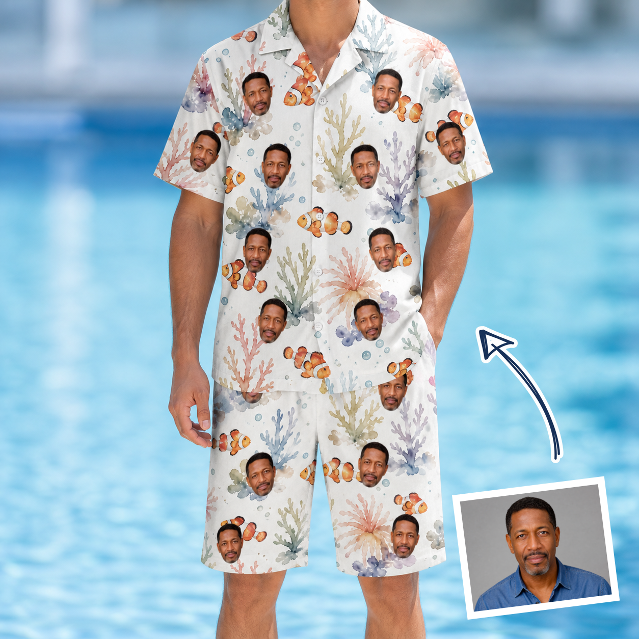 Man wearing Men's Clownfish Comedy Custom Face Shirt & Shorts Set — custom faces printed all-over
