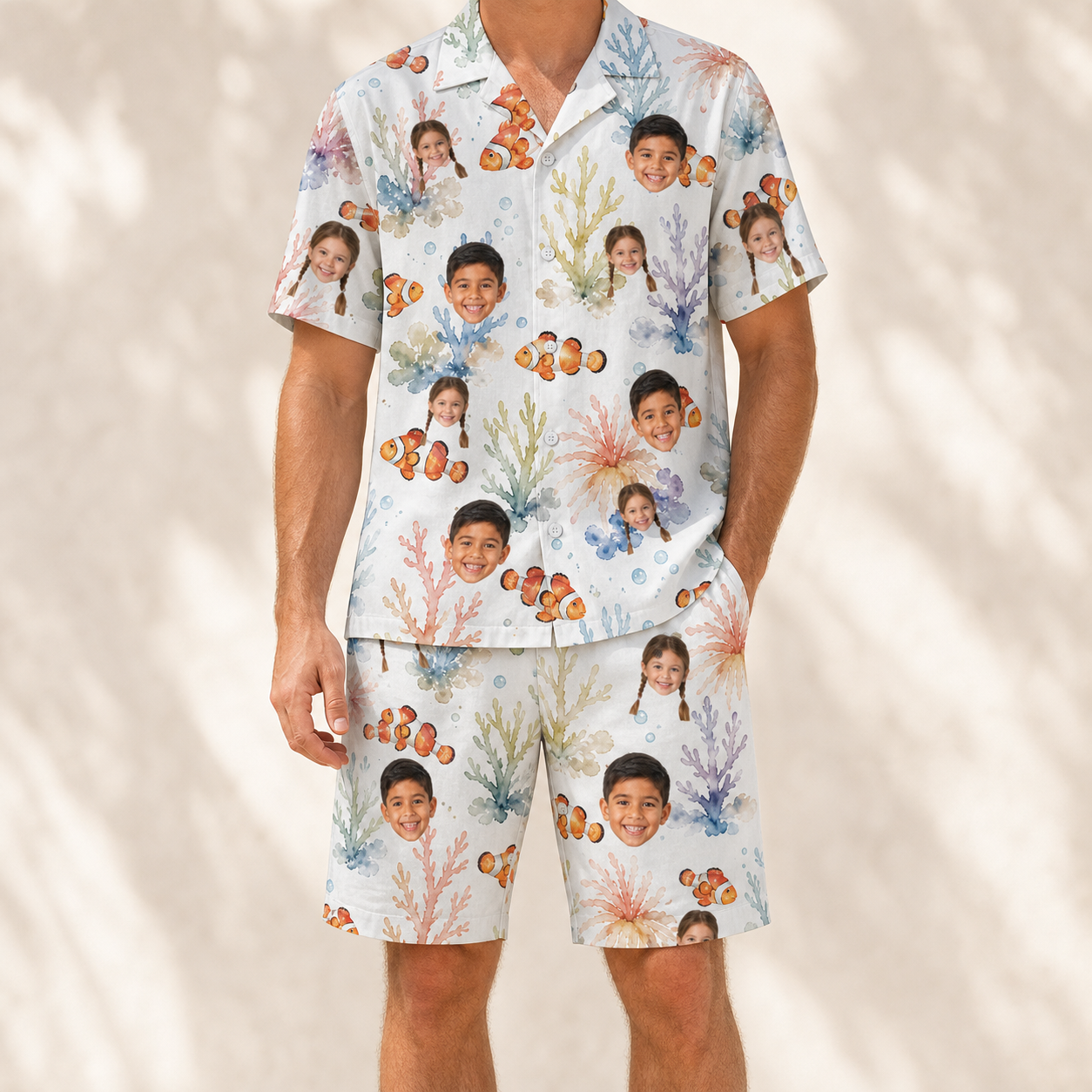 Model wearing Men's Clownfish Comedy Custom Face Shirt & Shorts Set printed with kids' faces