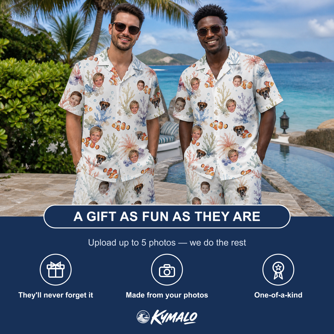 Friends in matching Men's Clownfish Comedy Custom Face Shirt & Shorts Set — a group gift photo