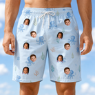 Model wearing Men's Tentacle Tickle Custom Face Beach Shorts printed with kids' faces