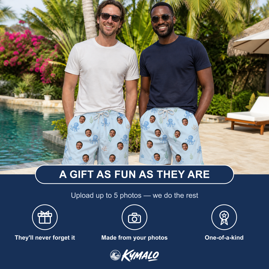 Friends in matching Men's Tentacle Tickle Custom Face Beach Shorts — a group gift photo