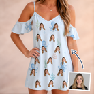 Woman wearing Women's Tentacle Tickle Custom Face Off-Shoulder Dress — custom faces printed all-over