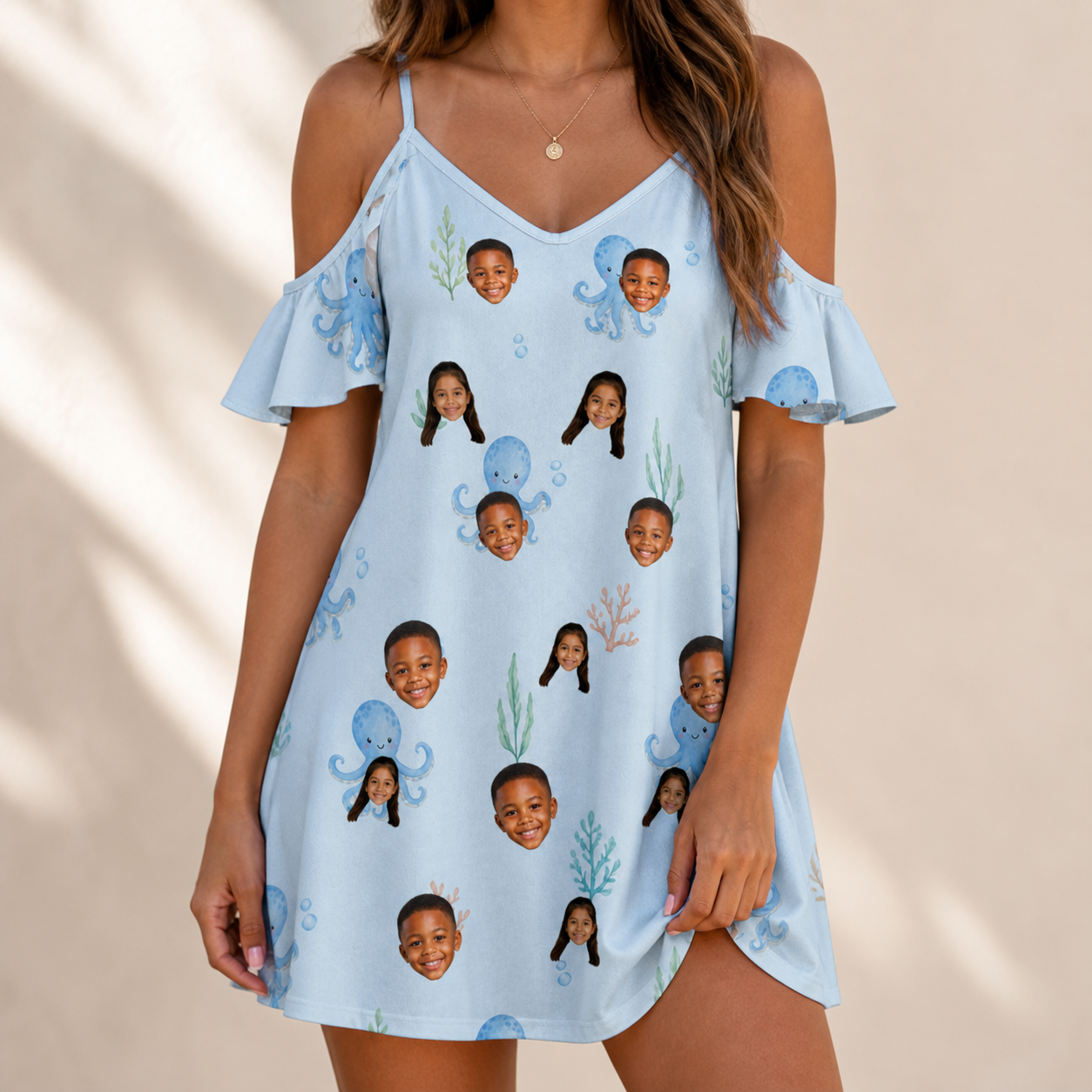 Model wearing Women's Tentacle Tickle Custom Face Off-Shoulder Dress printed with kids' faces