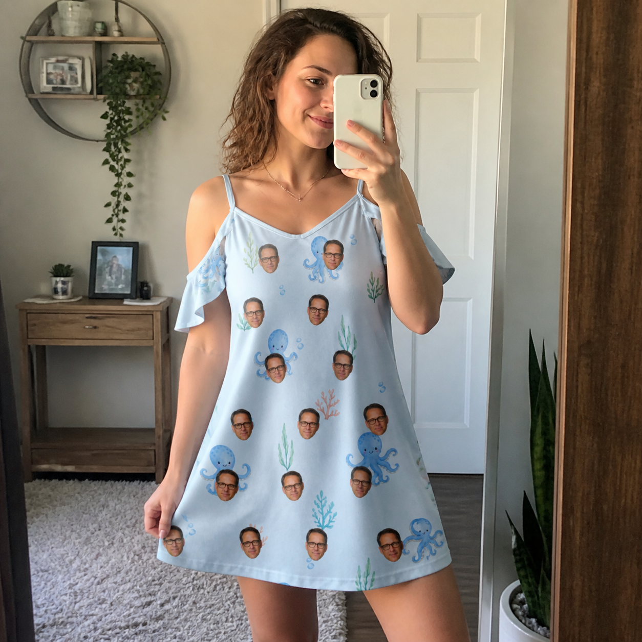 Real-life photo of someone wearing Women's Tentacle Tickle Custom Face Off-Shoulder Dress — custom faces printed all-over