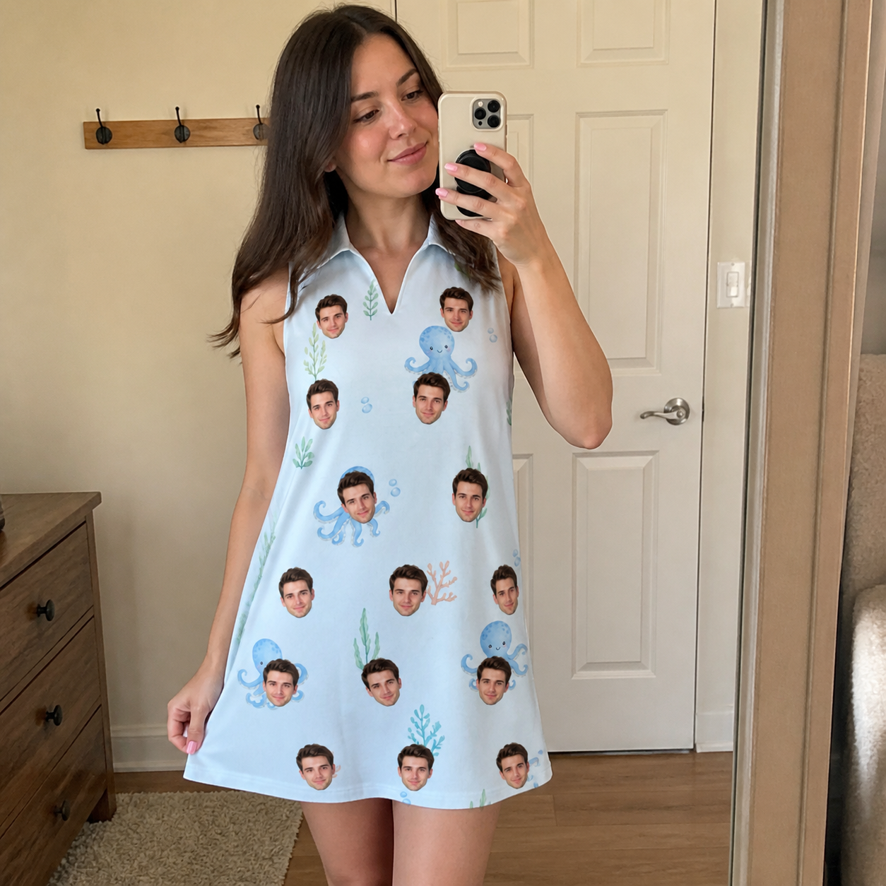 Real-life photo of someone wearing Women's Tentacle Tickle Custom Face V-Neck Dress — custom faces printed all-over