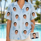 Woman wearing Women's Tentacle Tickle Custom Face Hawaiian Shirt — custom faces printed all-over