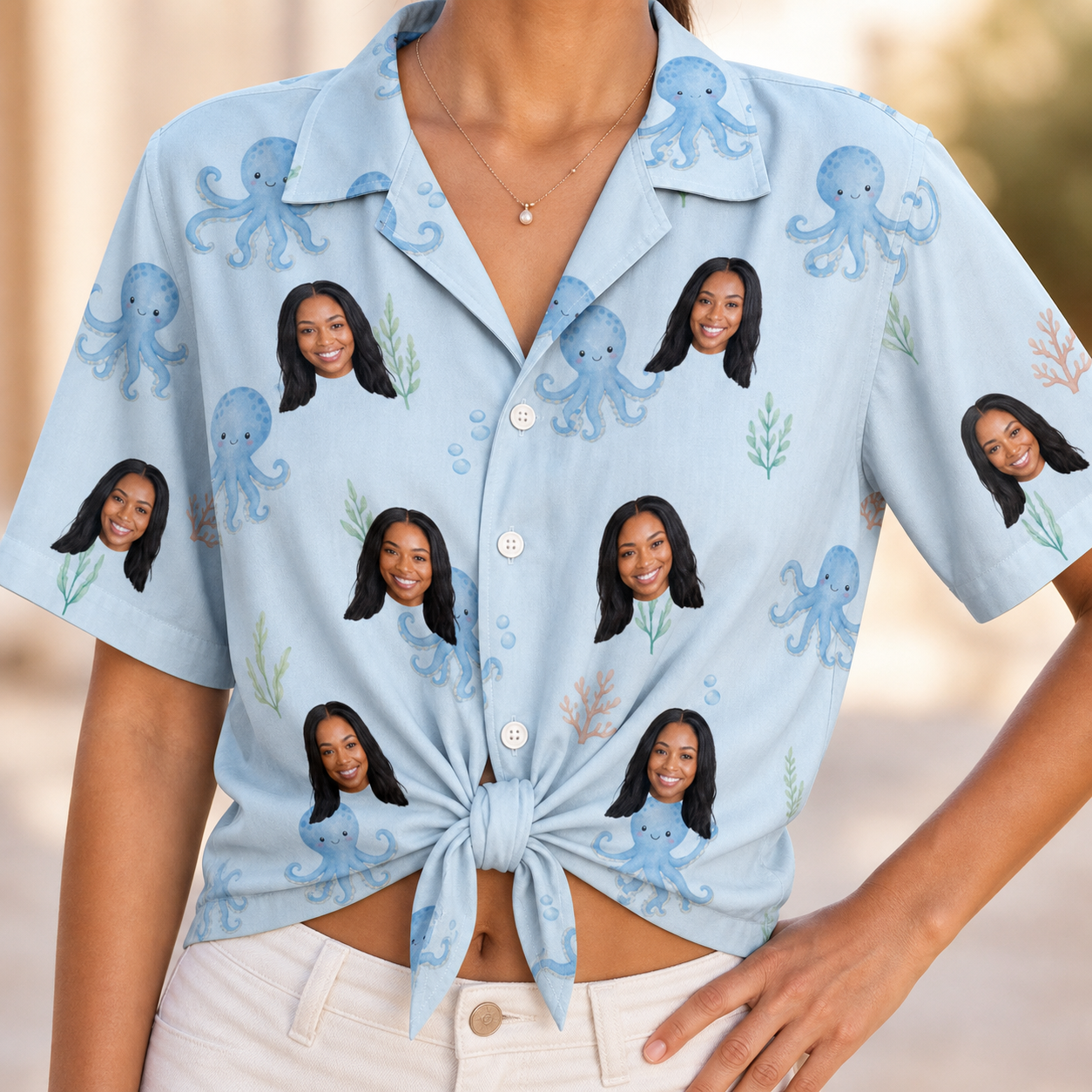 Woman wearing Women's Tentacle Tickle Custom Face Hawaiian Shirt tied at the waist