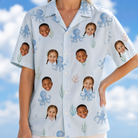 Model wearing Women's Tentacle Tickle Custom Face Hawaiian Shirt printed with kids' faces