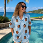 Real-life photo of someone wearing Women's Tentacle Tickle Custom Face Hawaiian Shirt — custom faces printed all-over