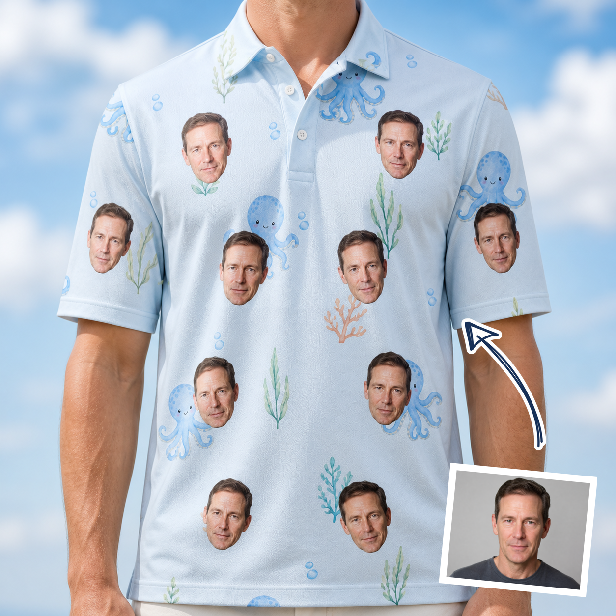 Man wearing Men's Tentacle Tickle Custom Face Polo Shirt — custom faces printed all-over