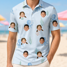Model wearing Men's Tentacle Tickle Custom Face Polo Shirt printed with kids' faces